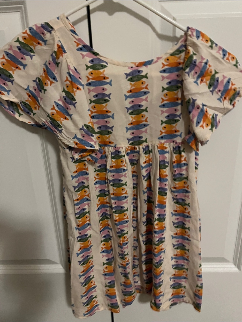 Compania Fantastica Girls Cream Fish-Print Puff Sleeve Dress size 130